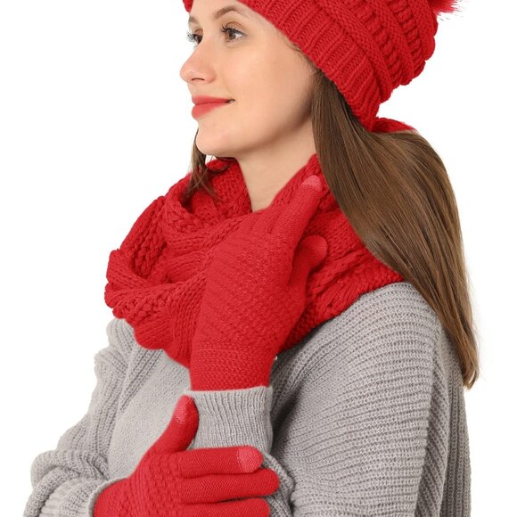 Winter Beanie Scarf Gloves Set Knit Faux Fur Ball Touch Screen Gloves main image 6